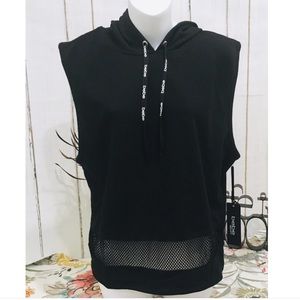 NWT Bebe Sleeveless Hoodie, Black with Pink Lettering, Size Med